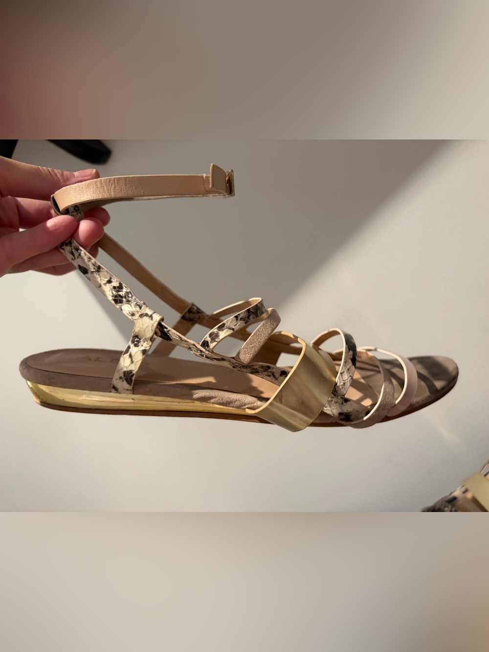 Aldo Women's Strappy Sandals in Beige Snake Print and Gold